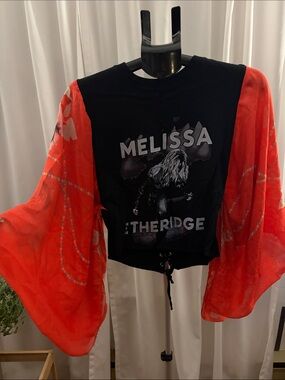 Melissa Etheridge Graphic Top with Red Sheer Bell Sleeves